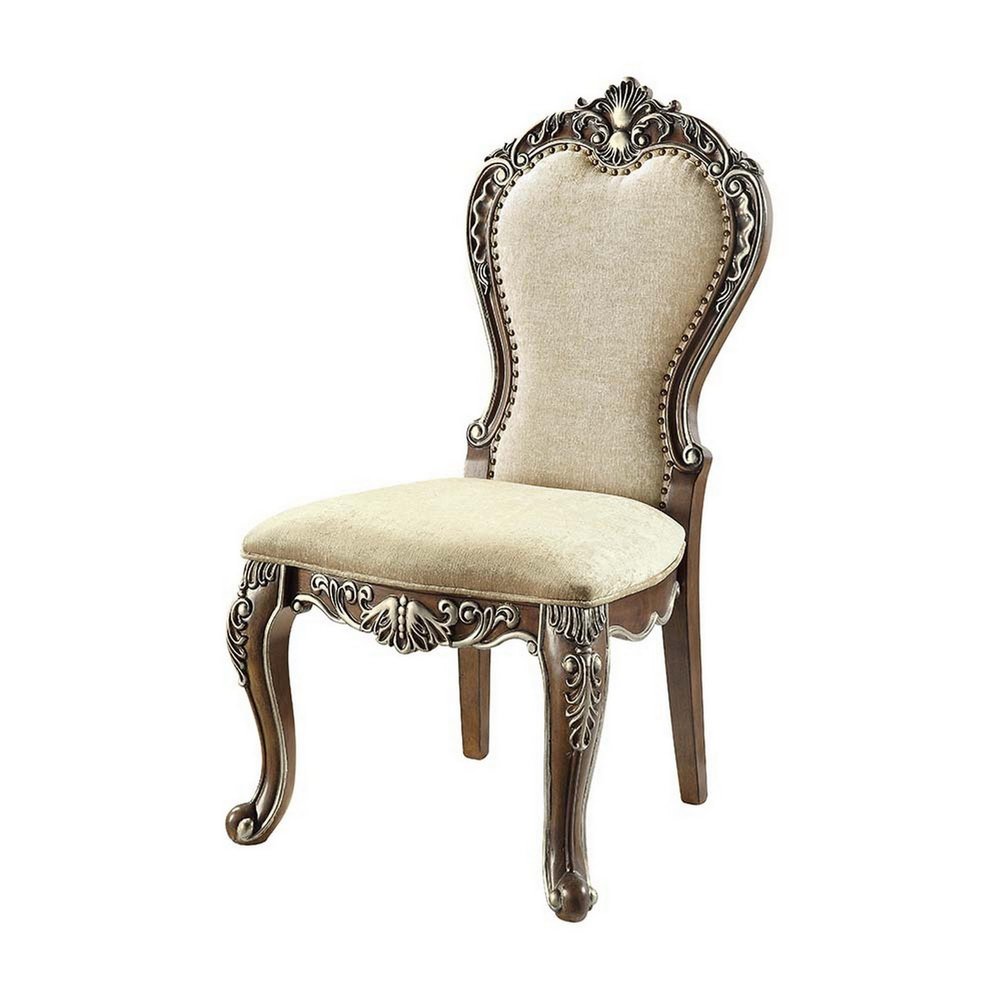 Benjara 24 Inch Side Dining Chair, Set of 2, Vintage Oak Chenille, Beige and Brown