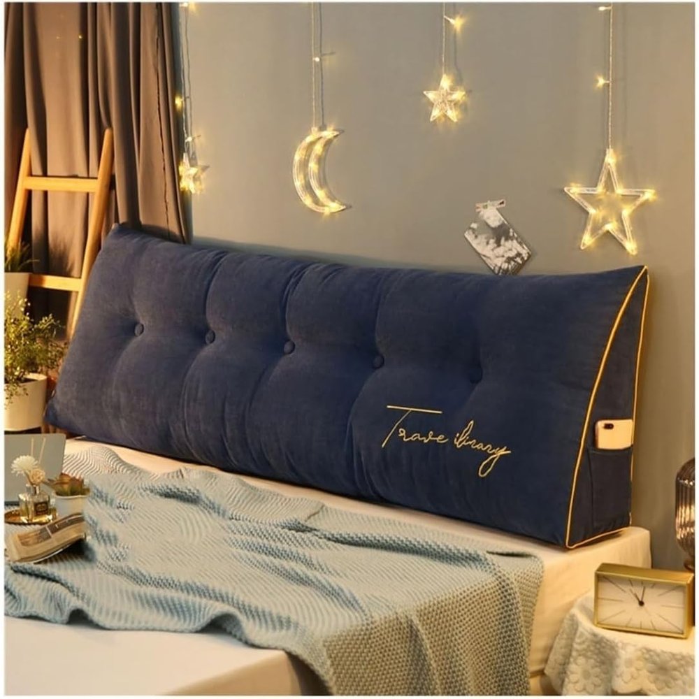 COZMAX Triangular Bed Head Pillow, Large Back Cushion/headboard Cushion, Recliner Back Wedge Pillow King Size Day Bed Pillow with Removable Cover (Color : Dark Blue, Size : 120cm/47inch)