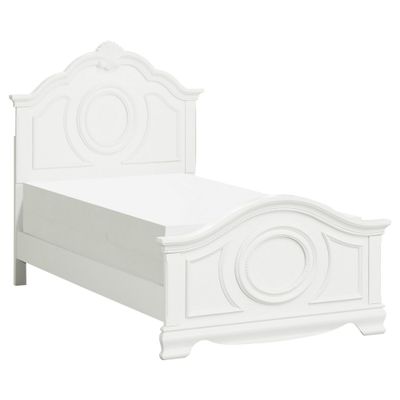 Benjara Lilya Traditional Full Size Bed, Bead Molding and Shell Motif, Crisp White