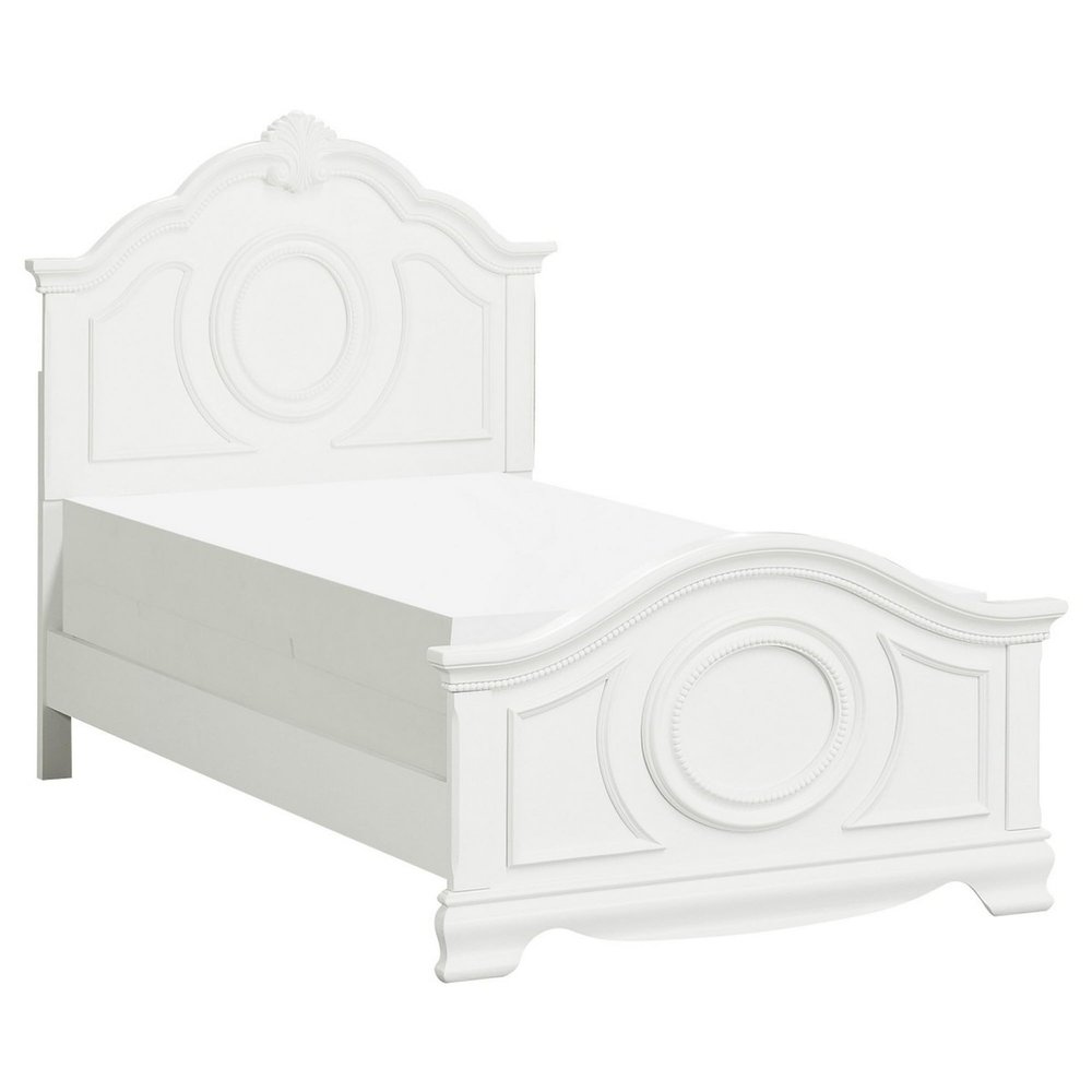 Benjara Lilya Traditional Full Size Bed, Bead Molding and Shell Motif, Crisp White
