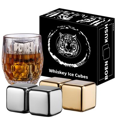 4 Large Whiskey Stones 64 cm (4 cu in) - Man Gift Set - Reusable Stainless Steel Metal Ice Sphere Cubes Beverage Chilling Rocks Whiskey Stones for Red Wine, Bar Beer, Scotch - Gold and Silver
