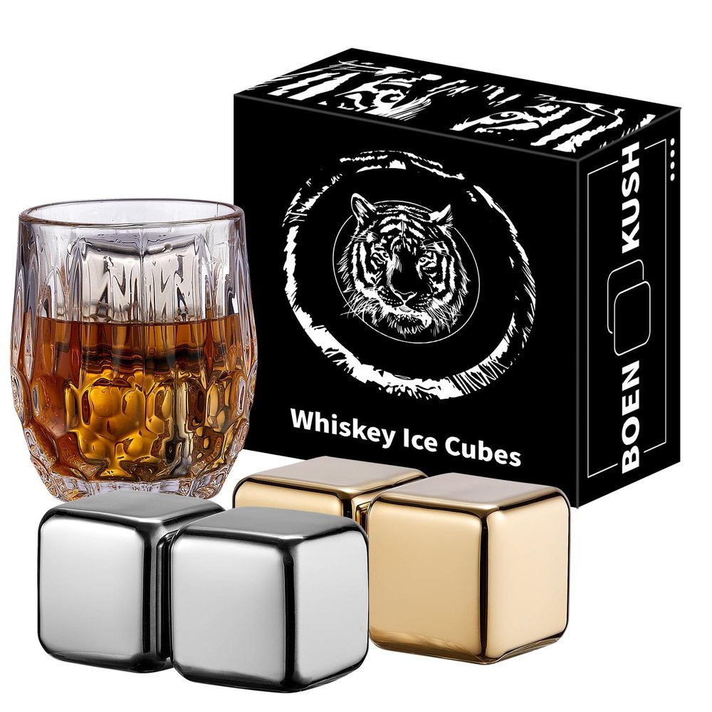 4 Large Whiskey Stones 64 cm (4 cu in) - Man Gift Set - Reusable Stainless Steel Metal Ice Sphere Cubes Beverage Chilling Rocks Whiskey Stones for Red Wine, Bar Beer, Scotch - Gold and Silver