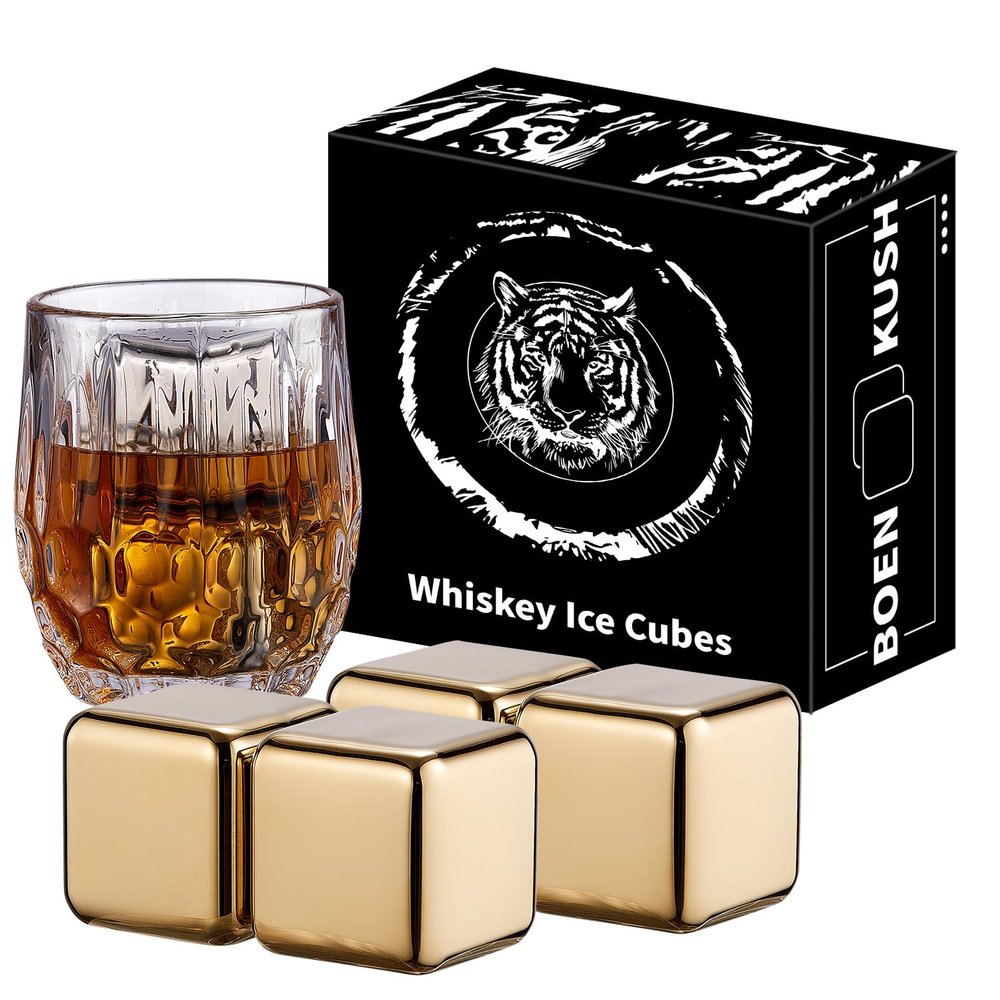 4 Large Whiskey Stones 64 cm (4 cu in) - Man Gift Set - Reusable Stainless Steel Metal Ice Sphere Cubes Beverage Chilling Rocks Whiskey Stones for Red Wine, Bar Beer, Scotch, Vodka Drinks - Gold