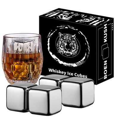 4 Large Whiskey Stones 64 cm (4 cu in) - Man Gift Set - Reusable Stainless Steel Metal Ice Sphere Cubes Beverage Chilling Rocks Whiskey Stones for Red Wine, Bar Beer, Scotch, Vodka Drinks - Silver
