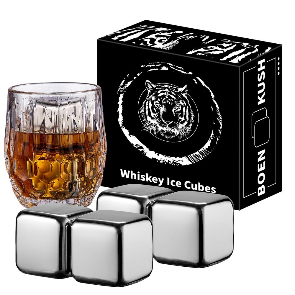 4 Large Whiskey Stones 64 cm (4 cu in) - Man Gift Set - Reusable Stainless Steel Metal Ice Sphere Cubes Beverage Chilling Rocks Whiskey Stones for Red Wine, Bar Beer, Scotch, Vodka Drinks - Silver