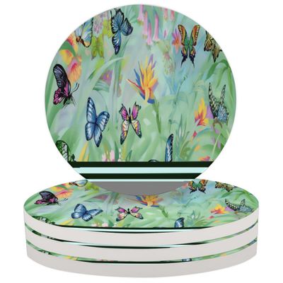 Butterflies in Flowers Coasters for Drinks Absorbent Set of 4 Beautiful Ceramic Coaster with Cork Base Decorative Coffee Cup Beverage Coasters Wine Beer Bar Coaster