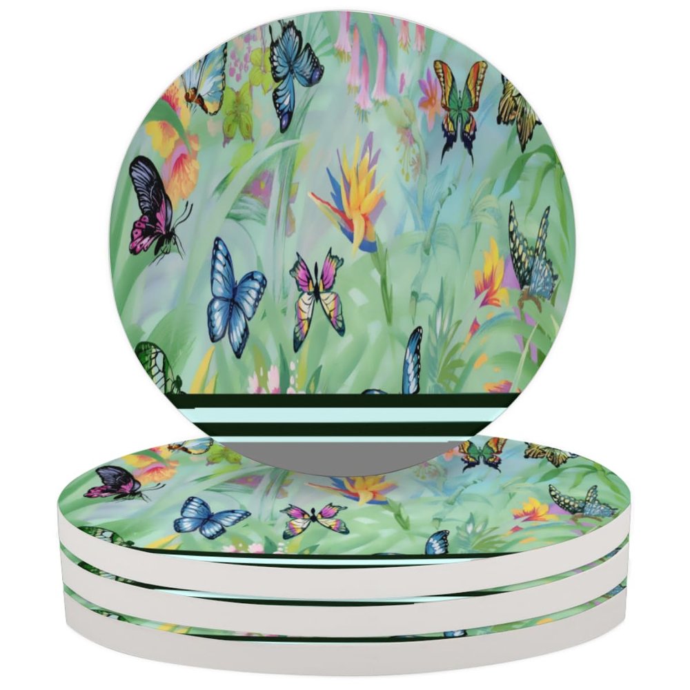 Butterflies in Flowers Coasters for Drinks Absorbent Set of 4 Beautiful Ceramic Coaster with Cork Base Decorative Coffee Cup Beverage Coasters Wine Beer Bar Coaster