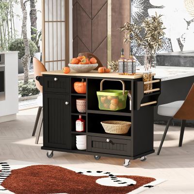 NOLLAM Kitchen Island with Storage Cabinet and 2 Locking Wheels, Kitchen Cart with Solid Wood Desktop, Spice Rack, Towel Rack, Floor Standing Buffet Sideboard for Kitchen Room, Dining Room, Black