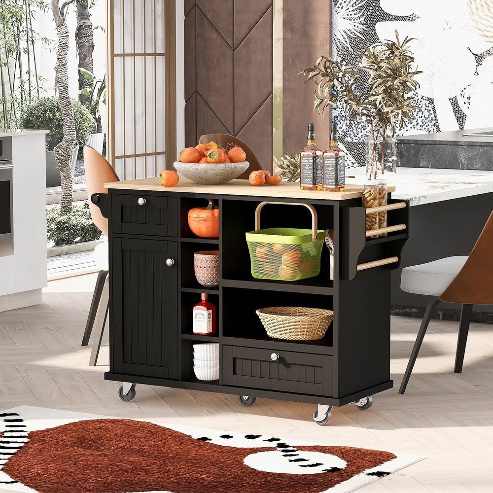 NOLLAM Kitchen Island with Storage Cabinet and 2 Locking Wheels, Kitchen Cart with Solid Wood Desktop, Spice Rack, Towel Rack, Floor Standing Buffet Sideboard for Kitchen Room, Dining Room, Black