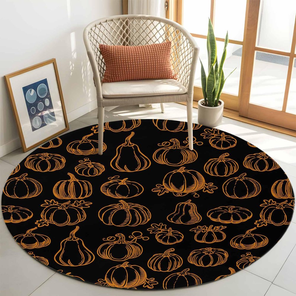 Shabby Chic Pumpkins Area Rug Carpet for Kids Teen Girls Boys Bedroom, Living Room, Washable Outdoor Indoor Accent Throw Runner Floor Mat Area+Rug Thanksgiving Fall Black Gold 3.3FT(Round)