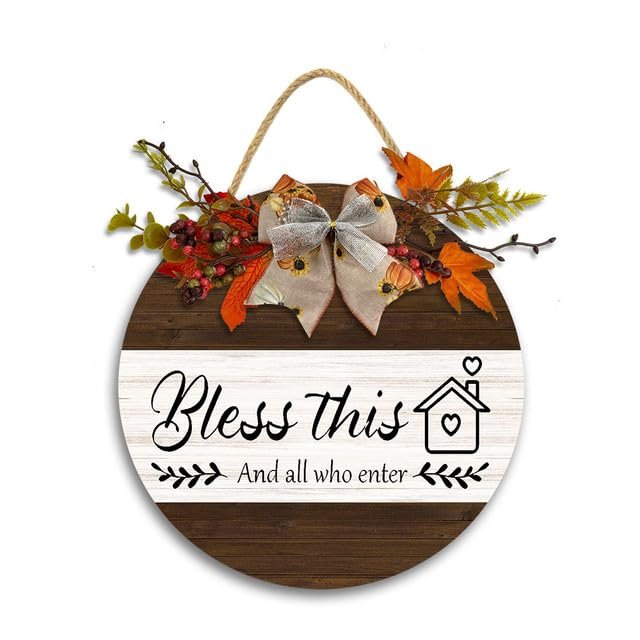 JIBEVEYYI -12x12IN Bless This Home and All Who Enter Wall Sign,Bless Our Home Sign Seasonal Farmhouse Porch Home Wreath,Farmhouse Blesses Home Wall Decor