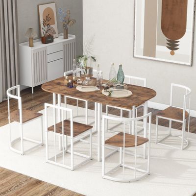 Modern Dining Table Set with Faux Marble Tabletop, 7-Piece Kitchen Table and Chairs for 6 People, Compact Dining Room Table Set for Living Room, Small Space, White+Cherry