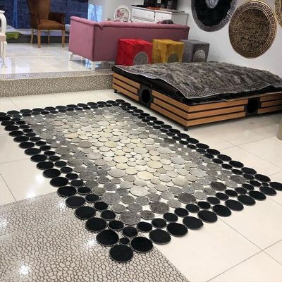 ZAWAYA HOUSE Premium Cowhide Leather Hollow Circular Patchwork Area Rug - 4X6 ft - Black, Handwoven Luxury Non Slip Home Decor Carpet for Living Room, Dining Room, Bedroom