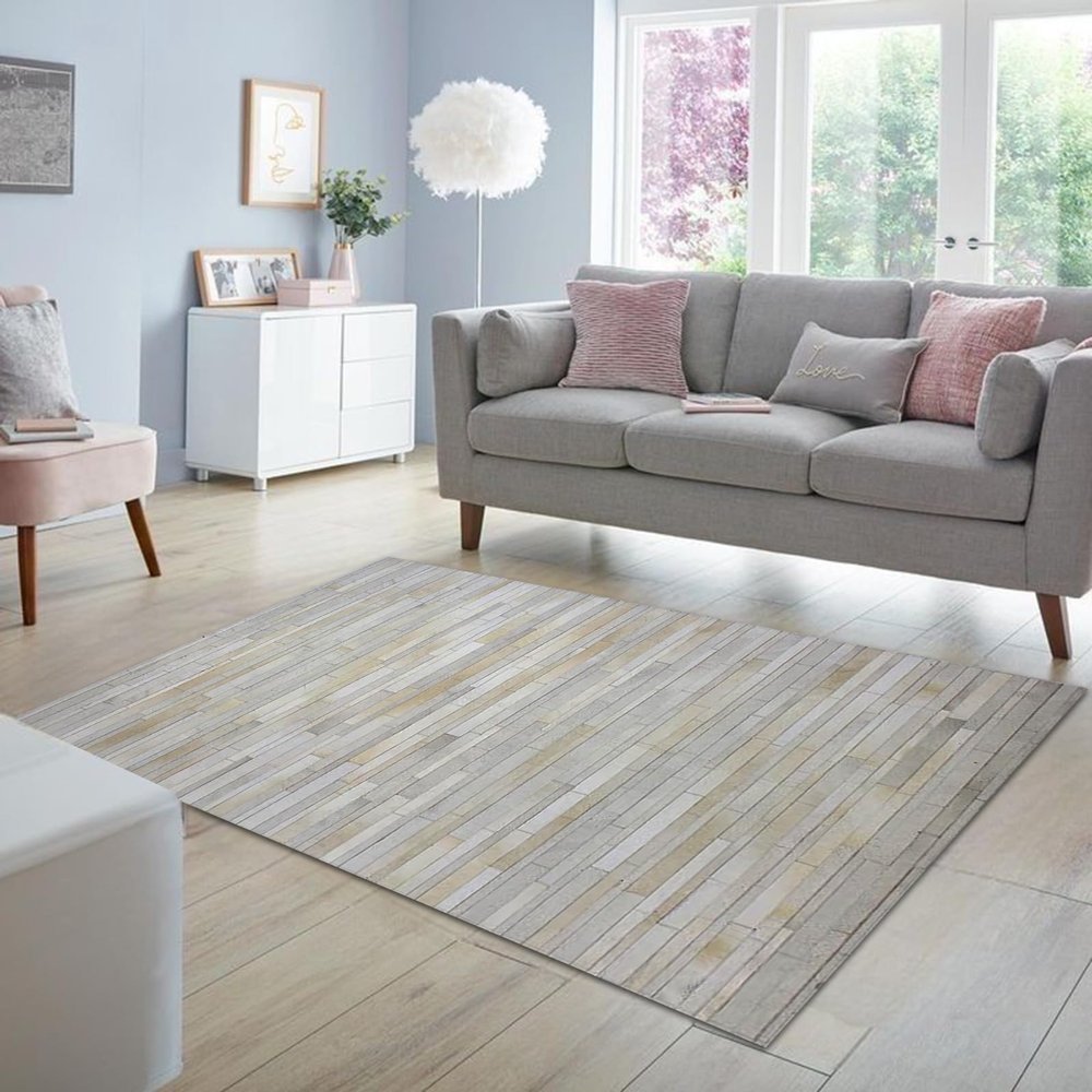 ZAWAYA HOUSE Cowhide Leather Rug, Handmade Bricks Patchwork Carpet, Luxury Thickened Non-Slip Carpet for Bedroom, Living Room, Entryway Floor Accent, Color: Ivory, Size: 8X10 ft