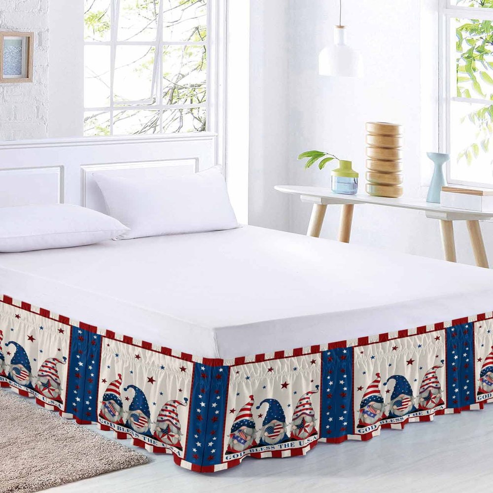 Red Navy Blue Bed Skirt Queen Size 18 Inch Drop, Adjustable & Elastic Wrap Around Bed Skirts Pleated Luxury Dust Ruffles for Twin Full Queen Cal King Base Bed, Independence Day Summer Gnomes
