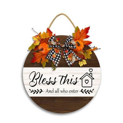 JIBEVEYYI -12x12IN Bless This Home and All Who Enter Front Door Wreath,Country Style Wall Decor Wooden Signs,Holiday Room Door Decor for Housewarming Gifts