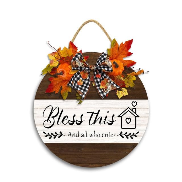 JIBEVEYYI -12x12IN Bless This Home and All Who Enter Front Door Wreath,Country Style Wall Decor Wooden Signs,Holiday Room Door Decor for Housewarming Gifts