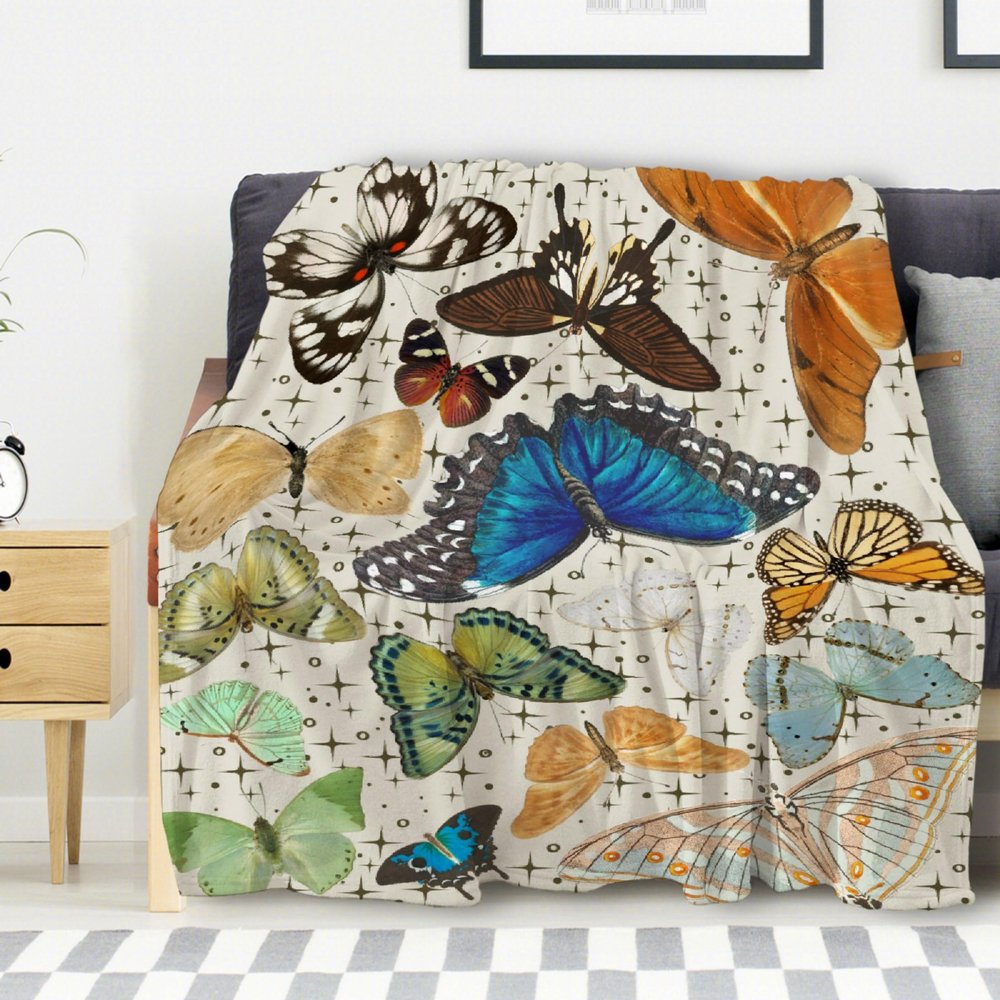 Avalokitesvara Vintage Butterfly Flannel Blanket Super Soft and Warm for Bed Couch Sofa 60x50 Inch for Teen Blanket