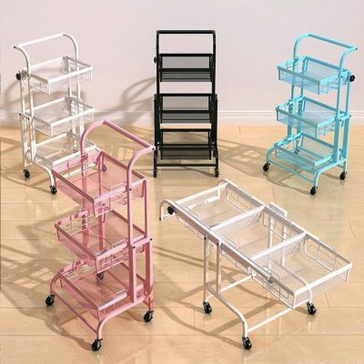 KNVSS 3-Tier Mobile Serving Cart, Foldable Storage Cart on Wheels, Metal Shelving, Modern Kitchen Island Utility Cart for Dining Room Living Room, Carrito Organizador con Ruedas para Bebe, Blue
