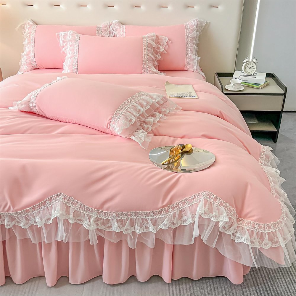 MOOWOO Chic Ruffle Lace Polyester Duvet Cover Set -Girl Pink Bedding-2 Piece Twin Duvet Cover with Zipper Closure -Ultra Soft and Light Weight (Pink,Twin)