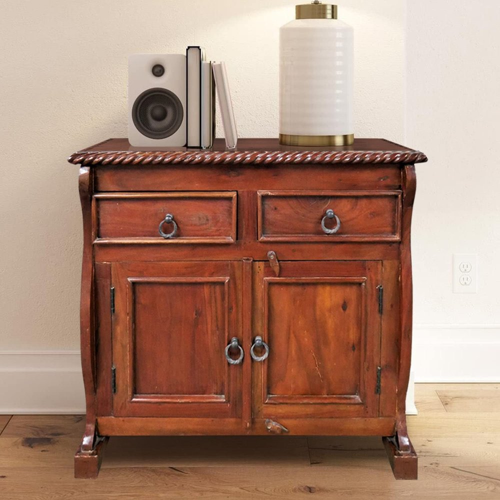 Handmade Vintage Rosewood 2-Door Cabinet with Drawers | Rustic Colonial Twisted Rope Chest | Solid Wood Unique Kitchen Cabinet | Farmhouse Style Traditional Storage Nightstand