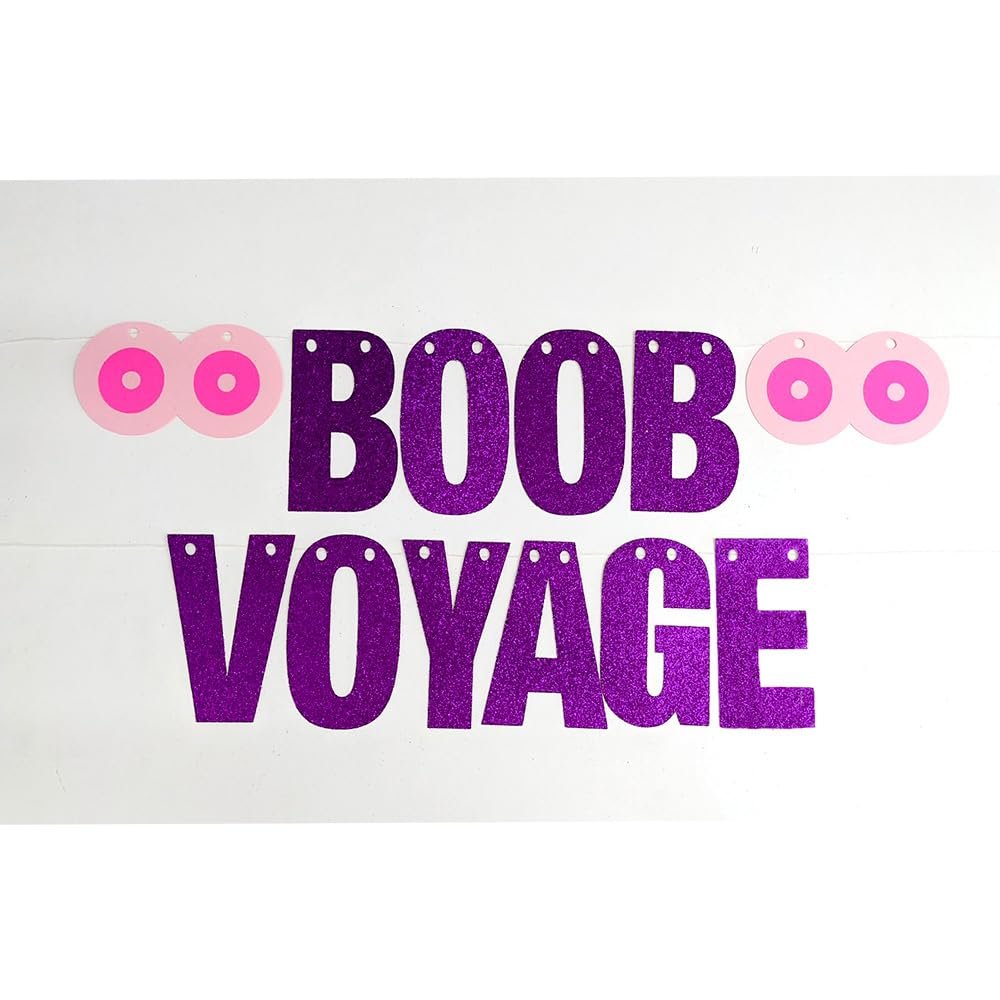 Boob Voyage Banner, Breast Cancer Awareness Party Decor, Lesbian Bachelorette Cruise Party Decoration (Hot Pink Glitter Letters, Yellow Boobs)