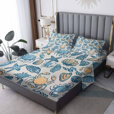 Starfish Sheets California King Size, Seashells Bed Sheets, Patterned Bedding Sheets & Pillowcases 4 Piece Set - Soft Microfiber Deep Pocket Fitted Sheet & Flat Sheet & 2 Pillow Cases D3-&-244