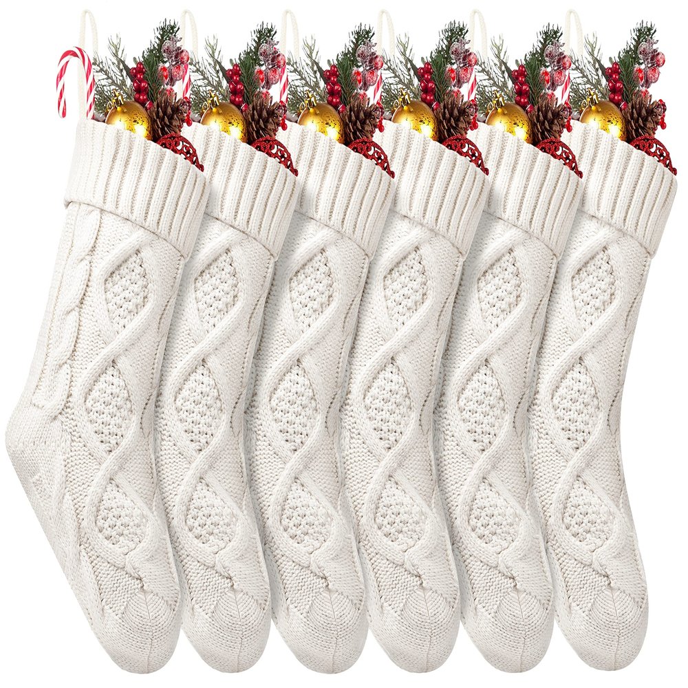 Fesciory Christmas Stockings, 6 Pack 14" Large Knit Stocking & Decor for Family Holiday Xmas Party Gift, Ivory White
