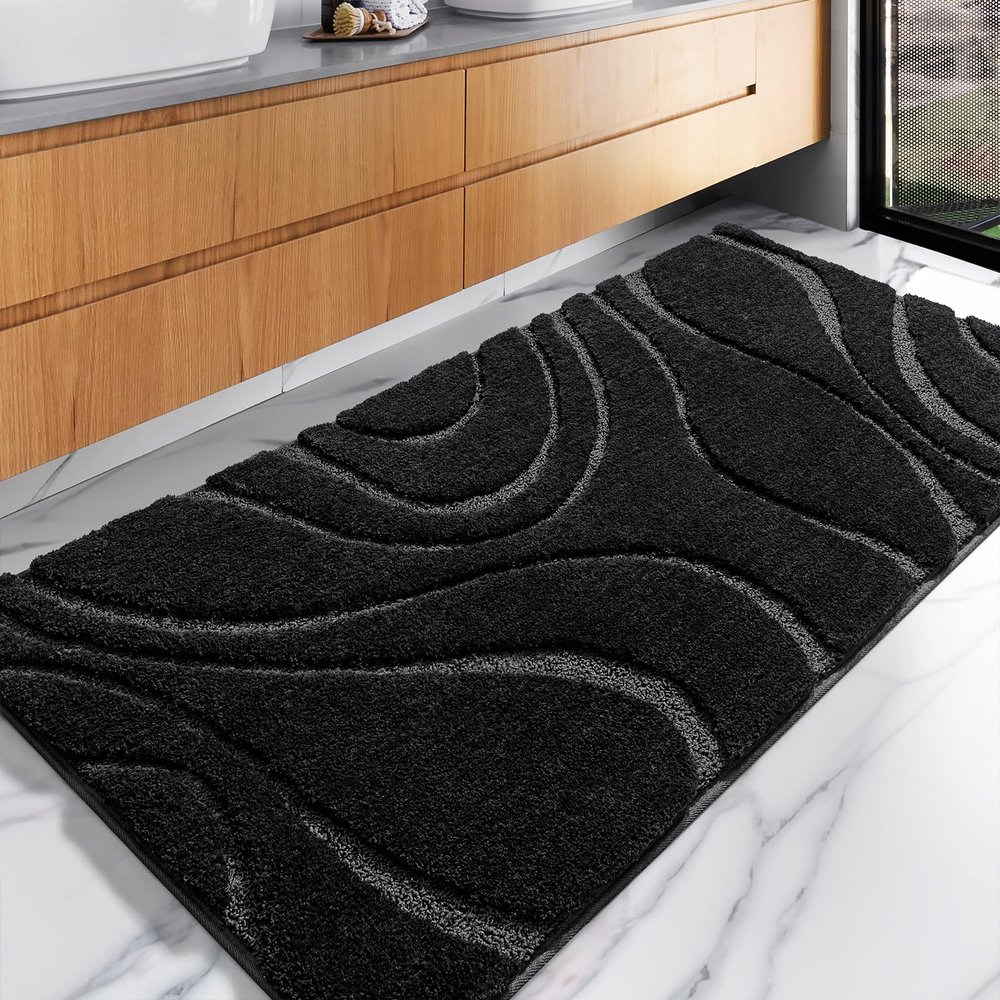 DEXDE Shaggy Bathroom Rugs 24x47 Inches - Non-Slip Quick Dry Machine Washable Bath Rug, Soft Plush Microfiber Absorbent Bath Mat for Bathroom, Black