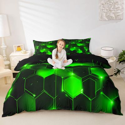 Feelyou Honeycomb Duvet Cover Kids Toddler Full, Beehive Geometric Bedding Set Honeycomb with Green Yellow Neon Lights Comforter Cover Hexagonal Bedspread Cover Lightweight Quilt Cover (No Comforter)