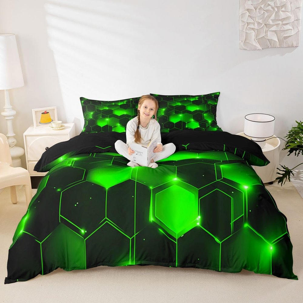 Feelyou Honeycomb Duvet Cover Kids Toddler Full, Beehive Geometric Bedding Set Honeycomb with Green Yellow Neon Lights Comforter Cover Hexagonal Bedspread Cover Lightweight Quilt Cover (No Comforter)