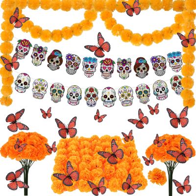66pcs Day of The Dead Decorations Set - 2 Marigold Garland, 50 Artificial Marigold Flowers with Stems & 12 Monarch Butterfly Decoration for Dia De Los Muertos Indian Diwali Altar Decor