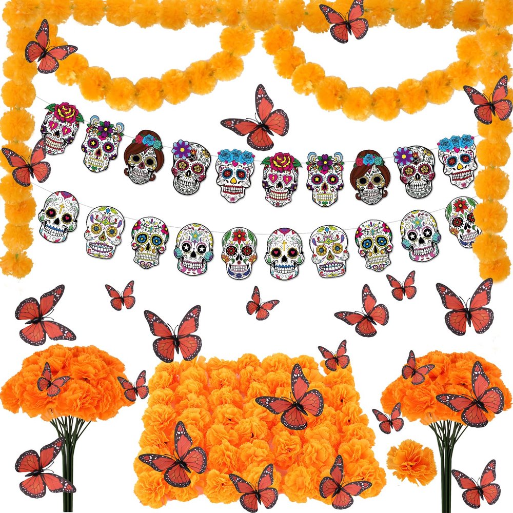 66pcs Day of The Dead Decorations Set - 2 Marigold Garland, 50 Artificial Marigold Flowers with Stems & 12 Monarch Butterfly Decoration for Dia De Los Muertos Indian Diwali Altar Decor