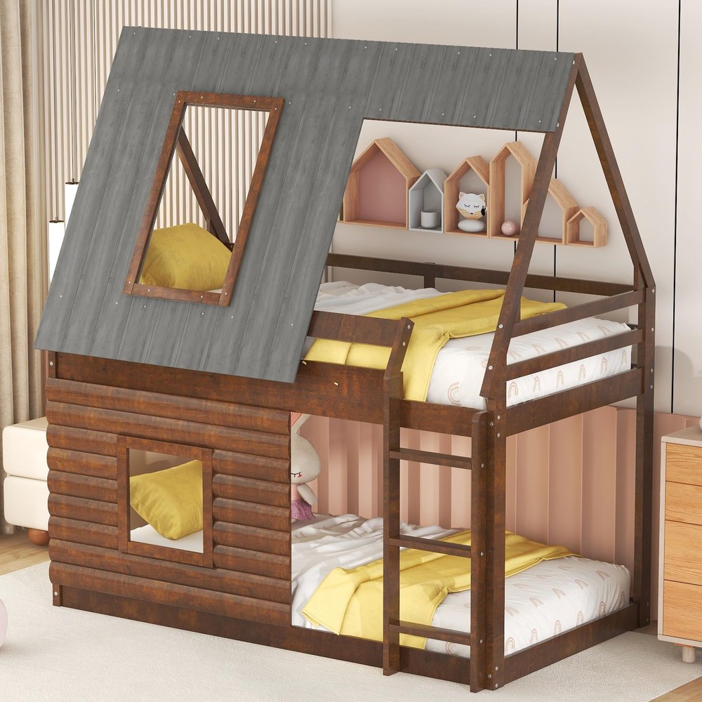 Hlcodca Wooden Twin Size House Bunk Bed with Roof, Ladder and 2 Windows,for Kids Girls Boys Teens Adults Bedroom Use (Brown@Roof, Twin)