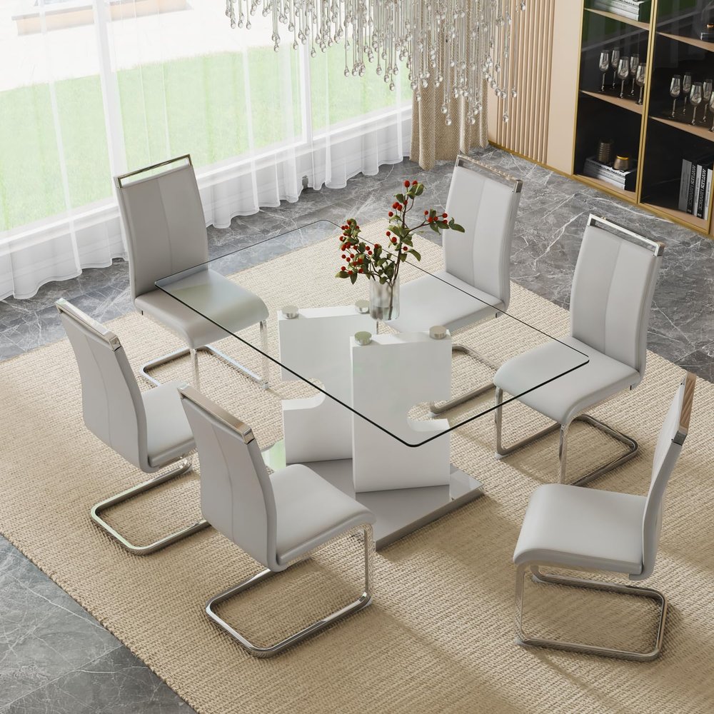 NYEESS Glass Dining Table Set of 6, 63'' Dinner Room Glass Table Set for 6, Modern Kitchen Dinner Table Set with 6 Upholstered Faux Leather Dining Chairs, White Table+light Grey Chairs