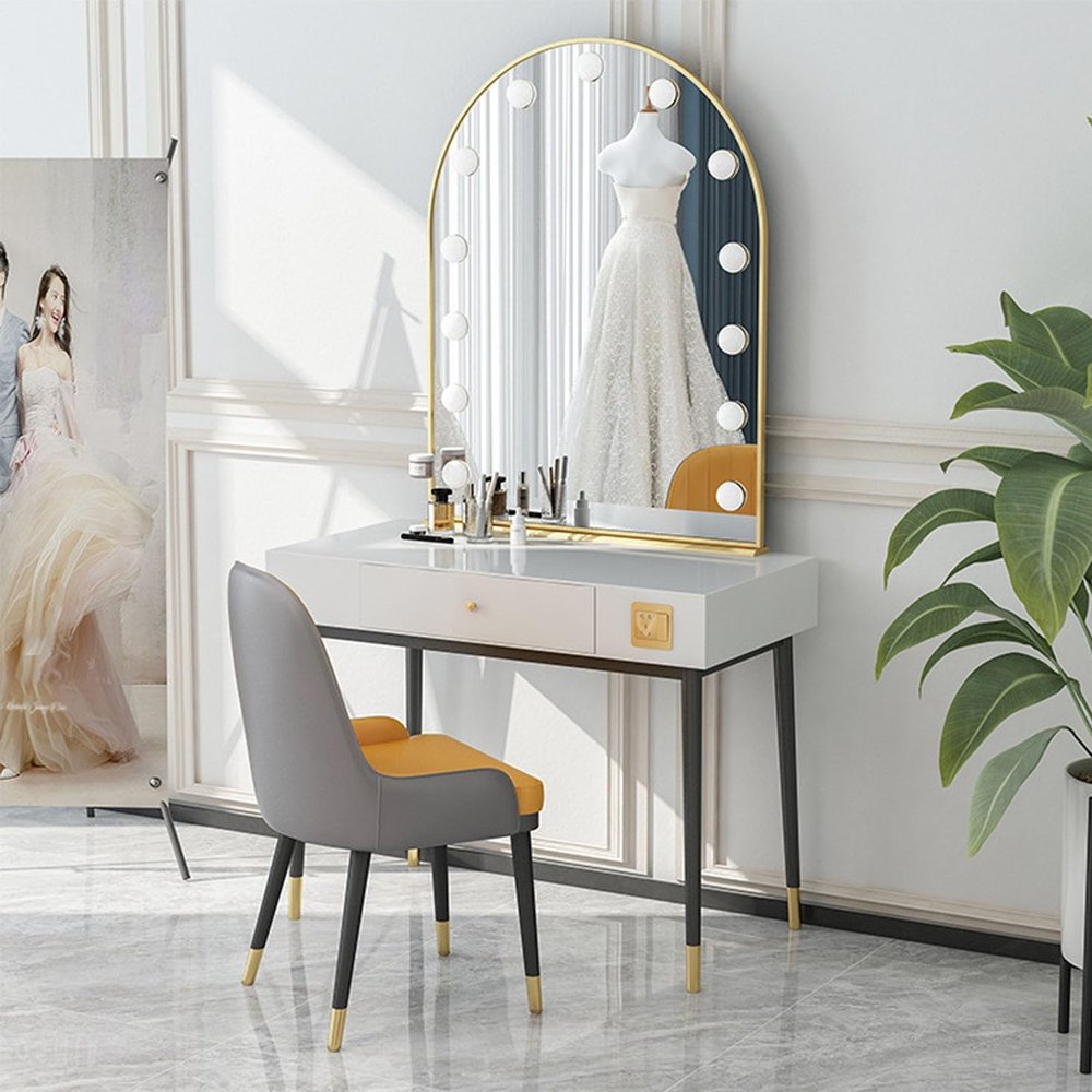 Multigot Dressing Table Set, White Makeup Vanity with Light Bulbs, Vanity Table Set with 3 Lighting Modes, Home Bedroom Cosmetics Dresser Furniture Gift ( Color : Chair with makeup , Size : 120cm )