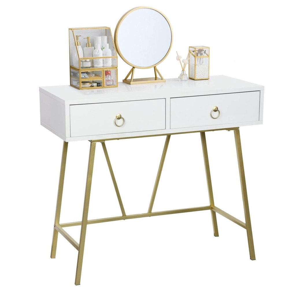 BOBONI Simple Steel and Wood Office Desk Furniture, Makeup Desk, Computer Desk with 2 Drawers, White and Gold Tables