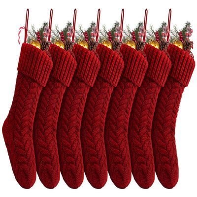 Fesciory 18 Inches Christmas Stockings Bulk, 7 Pack Large Size Cable Knitted Fireplace Hanging Stockings for Family Holiday Xmas Party Decorations, Burgundy