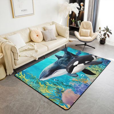 Erosebridal 3D Underwater World Non Slip Rug 5x7, Killer Whale Area Rug for Kids Boys Teens, Colorful Seaweed Reel Fish Decorative Accent Rug, Blue Ocean Wave Carpet Bedroom Decor, Non Shedding