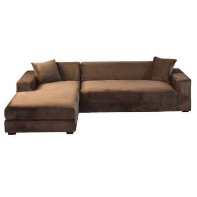 GUYIRT Velvet Sectional Couch Covers, 2 Piece Stretch Couch Cover L Shape Non Slip L Shaped Sofa Cover Soft Furniture Protector for Corner Sofa -Brown-4+4 Seater