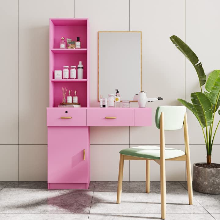 Pink Makeup Vanity - Modern, Multi-Layered, and Spacious for Bedroom or Studio