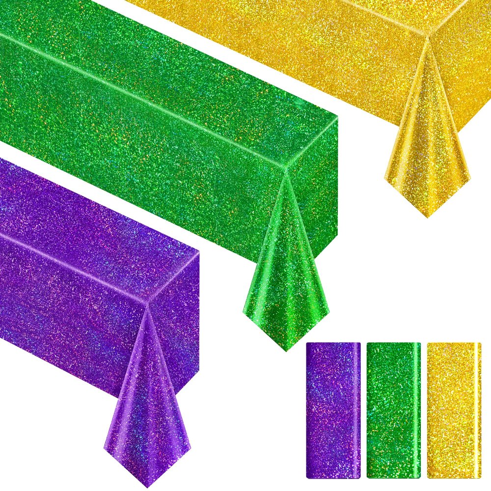 Sparkling Holographic Laser Tablecloth - Shimmering, Waterproof, Easy to Clean - Ideal for Halloween, Bachelorette, Birthday, Wedding, and Anniversary Party Decorations (Purple & Green & Gold, 3)
