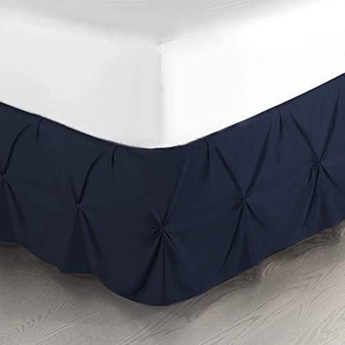 Royalbeddingking Navy Blue Pinch Pleat Bed Skirt Queen Size 21 Inch Drop Three Sided Coverage with 850 Thread Count Egyptian Cotton Pintuk Bed Skirt