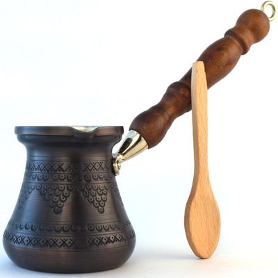 DEDE Copper - PCZ Series (Medium-10 fl.oz) Thickest Solid Copper Engraved Turkish Greek Arabic Coffee Pot with Wooden Handle, Stovetop Coffee Maker Cezve Jezve Jazva Ibrik Briki (Antique Copper)