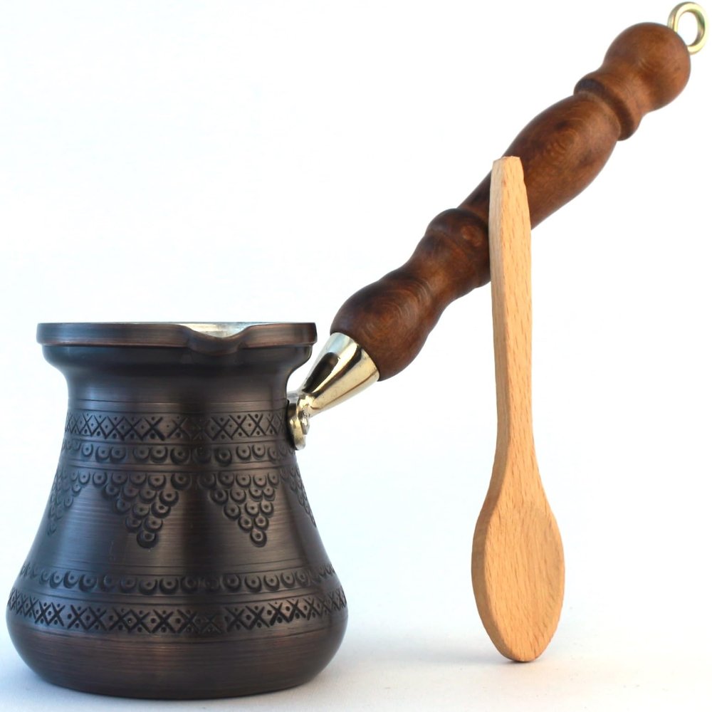 DEDE Copper - PCZ Series (Medium-10 fl.oz) Thickest Solid Copper Engraved Turkish Greek Arabic Coffee Pot with Wooden Handle, Stovetop Coffee Maker Cezve Jezve Jazva Ibrik Briki (Antique Copper)