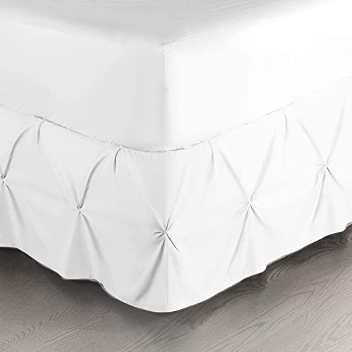 Royalbeddingking White Pinch Pleat Bed Skirt Full XL Size 22 Inch Drop Three Sided Coverage with 850 Thread Count Egyptian Cotton Pintuk Bed Skirt
