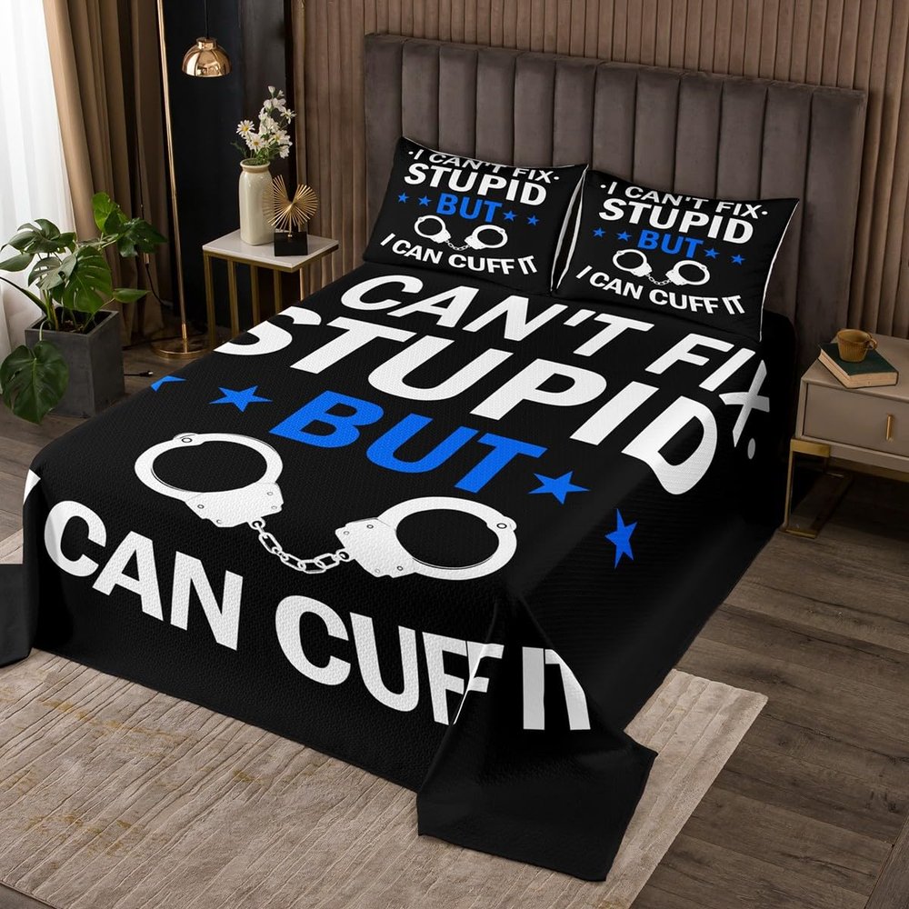 Police Theme Bedspread Set Queen Size for Kids,Boys Girls Blue Black White Quilt Set Policeman Bedspread Coverlet Hero Bedspread 3 Piece Decorative Bedding Quilted with 2 Pillow Shams