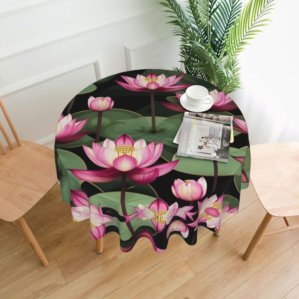 Asian Lotus Flower Round Tablecloth - 60 Inch Polyester Table Cloth Decorative Fabric Table Cover for Dining Table