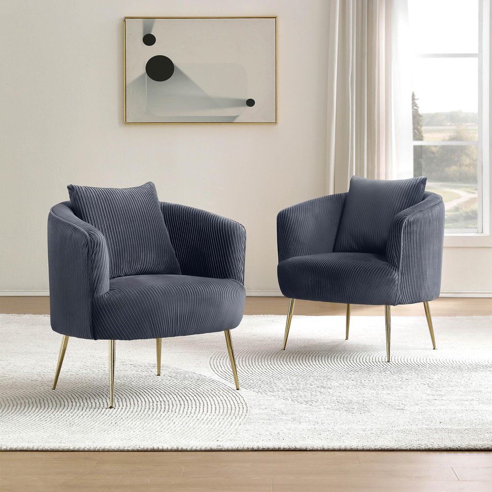 Art Leon Accent Chair Set of 2, Modern Velvet Upholstered Armchairs, Living Room Side Chairs Barrel Chairs with Golden Metal Legs, Gray