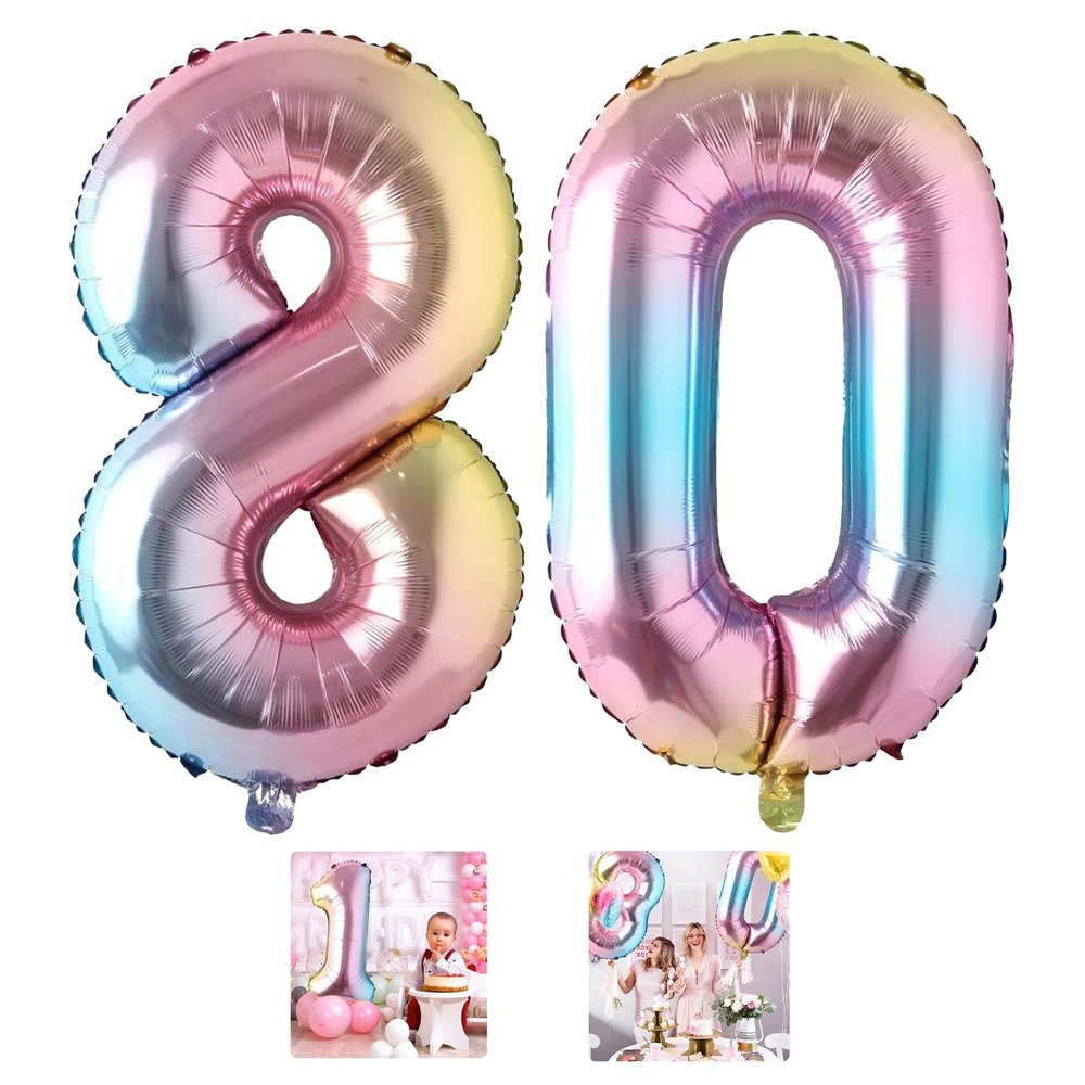 80 Number Balloon Rainbow 40 inch Big Foil Mylar 80th Balloons for 80 Year Old Men Women Birthday Party Decorations Wedding Anniversary Events Supplies